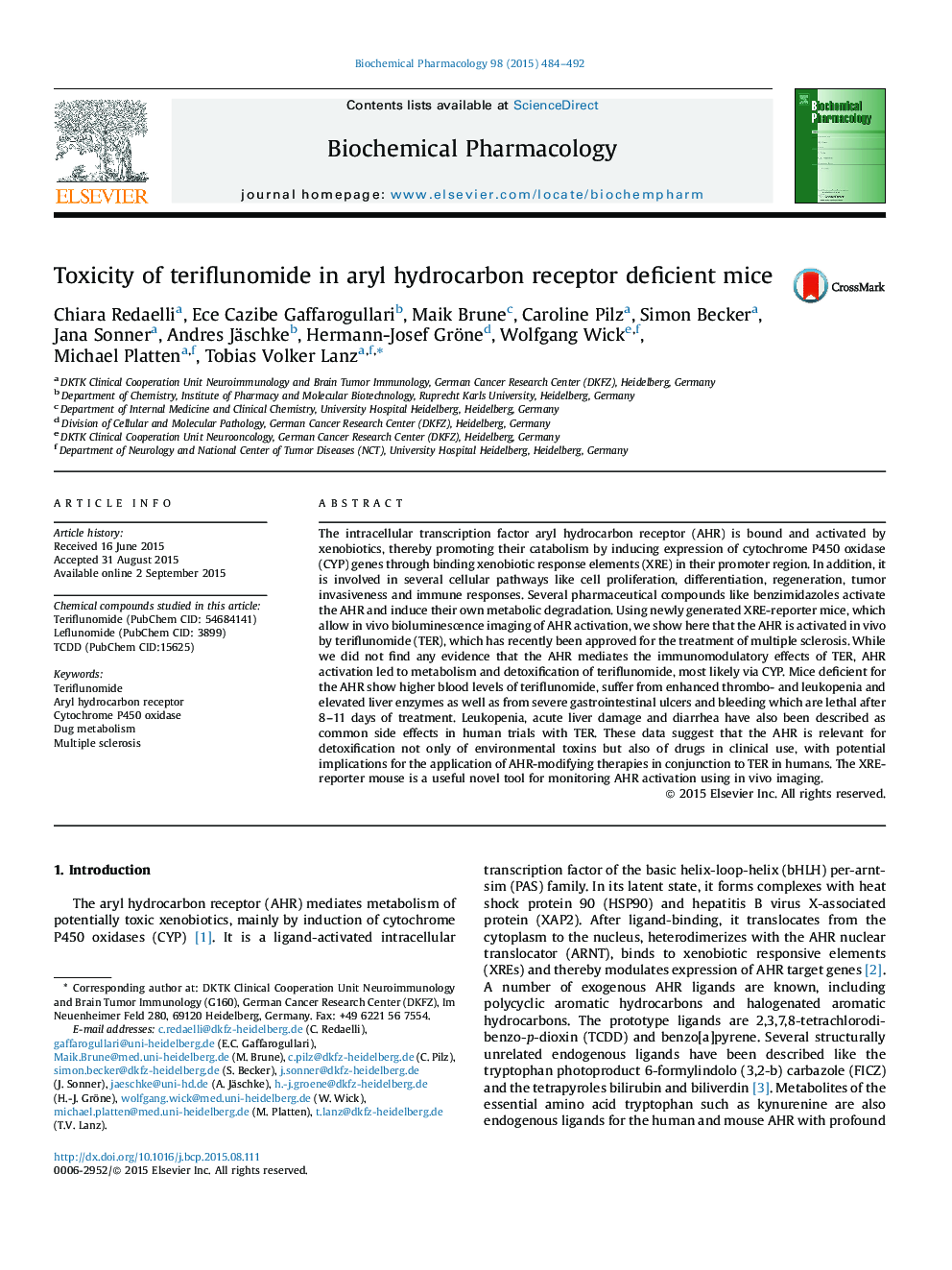 Toxicity of teriflunomide in aryl hydrocarbon receptor deficient mice