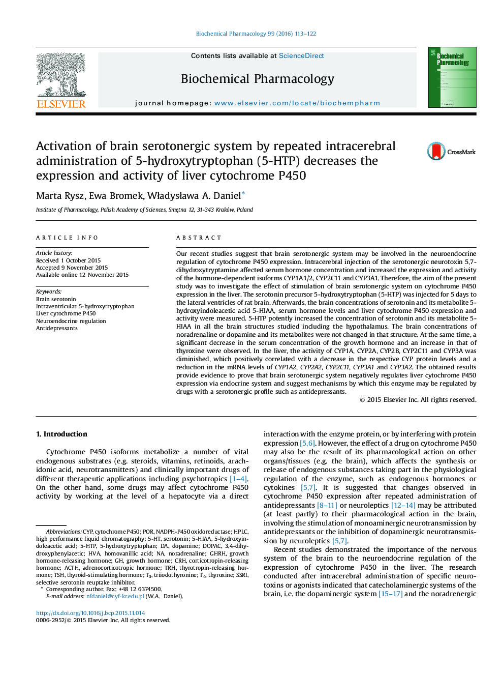 Activation of brain serotonergic system by repeated intracerebral administration of 5-hydroxytryptophan (5-HTP) decreases the expression and activity of liver cytochrome P450