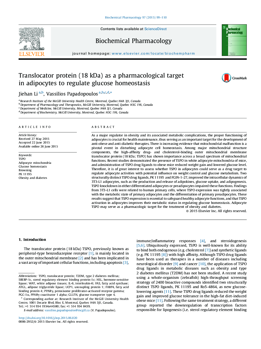 Translocator protein (18 kDa) as a pharmacological target in adipocytes to regulate glucose homeostasis