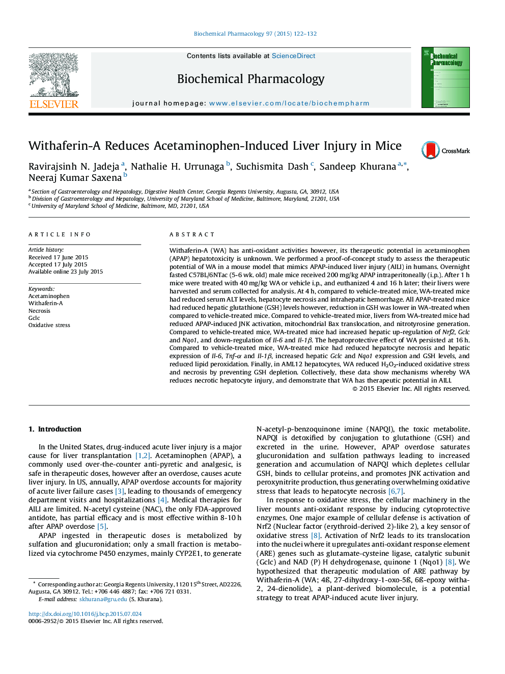 Withaferin-A Reduces Acetaminophen-Induced Liver Injury in Mice