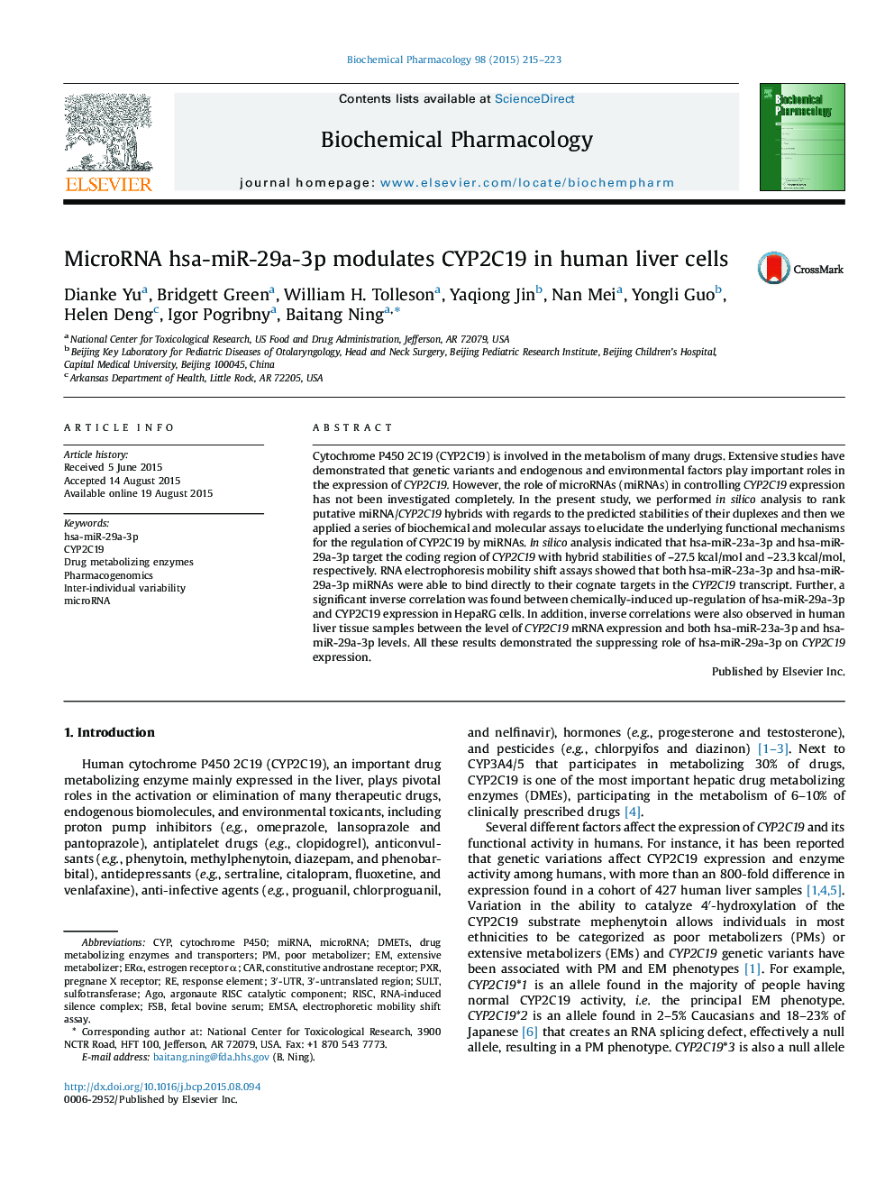 MicroRNA hsa-miR-29a-3p modulates CYP2C19 in human liver cells