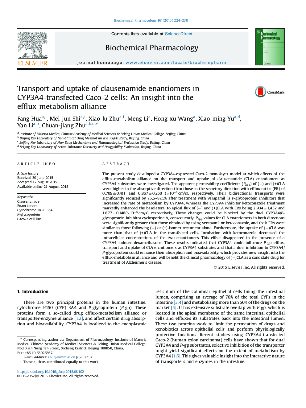 Transport and uptake of clausenamide enantiomers in CYP3A4-transfected Caco-2 cells: An insight into the efflux-metabolism alliance