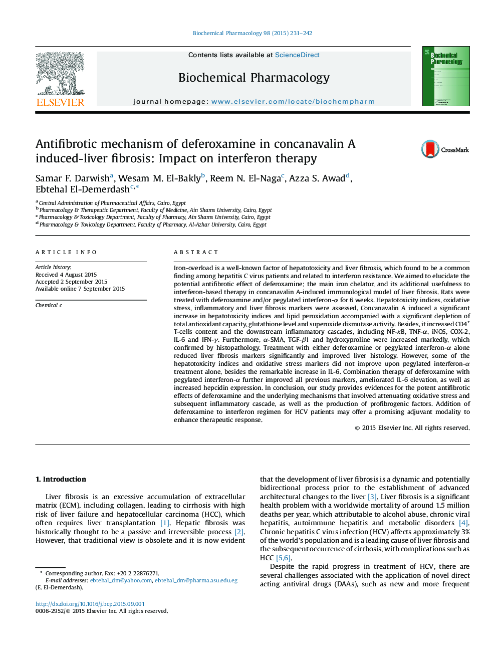 Antifibrotic mechanism of deferoxamine in concanavalin A induced-liver fibrosis: Impact on interferon therapy