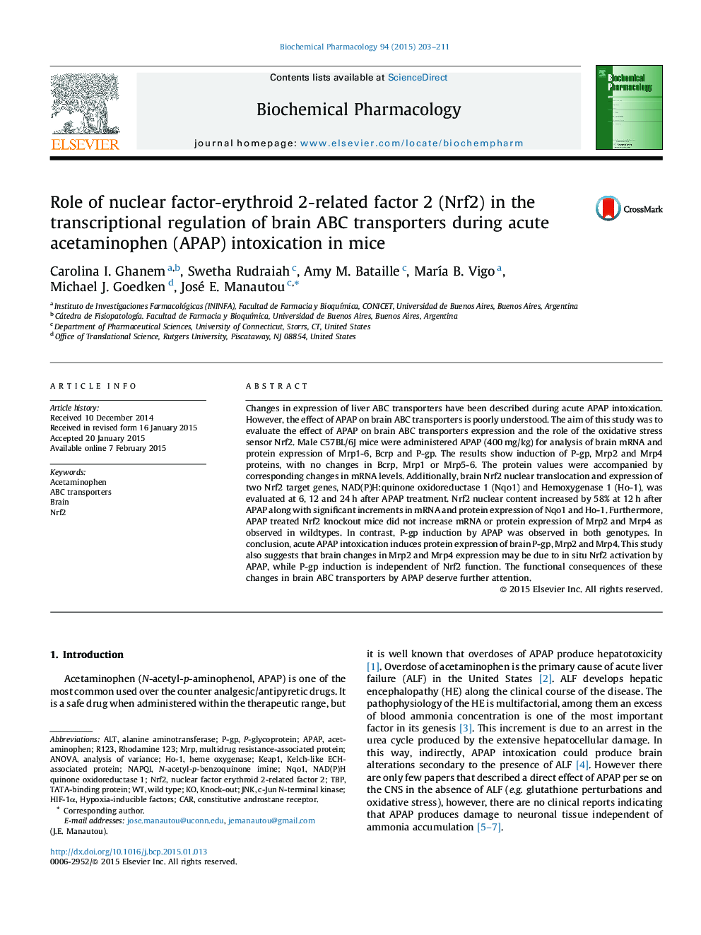 Role of nuclear factor-erythroid 2-related factor 2 (Nrf2) in the transcriptional regulation of brain ABC transporters during acute acetaminophen (APAP) intoxication in mice