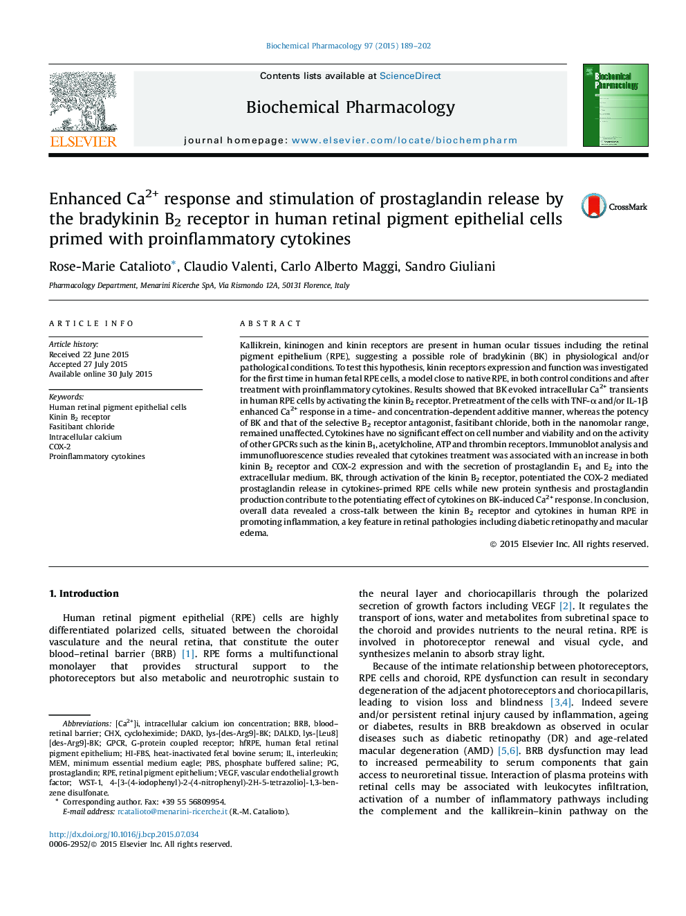 Enhanced Ca2+ response and stimulation of prostaglandin release by the bradykinin B2 receptor in human retinal pigment epithelial cells primed with proinflammatory cytokines