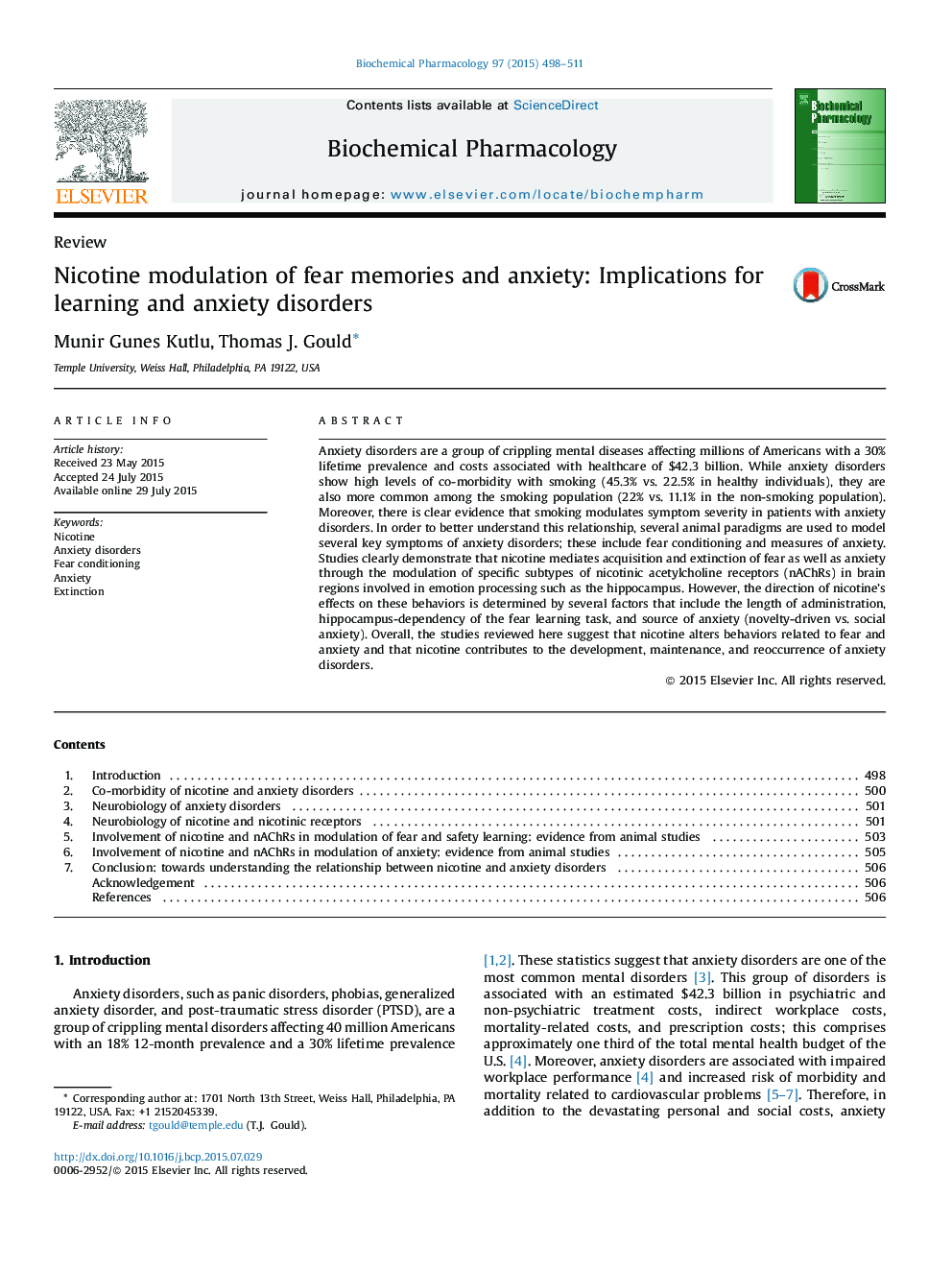 Nicotine modulation of fear memories and anxiety: Implications for learning and anxiety disorders