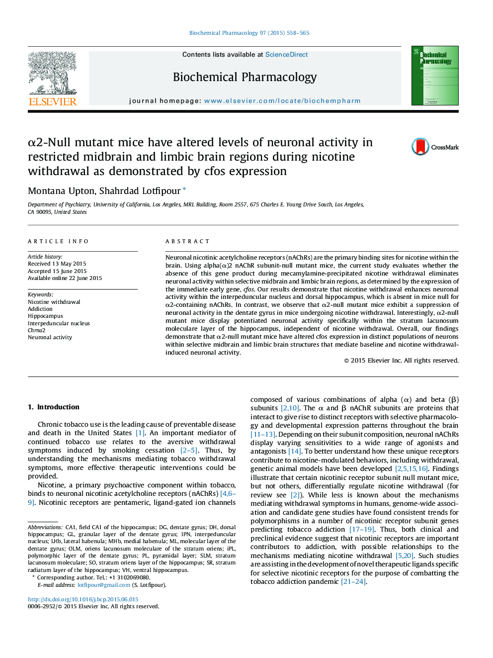 α2-Null mutant mice have altered levels of neuronal activity in restricted midbrain and limbic brain regions during nicotine withdrawal as demonstrated by cfos expression