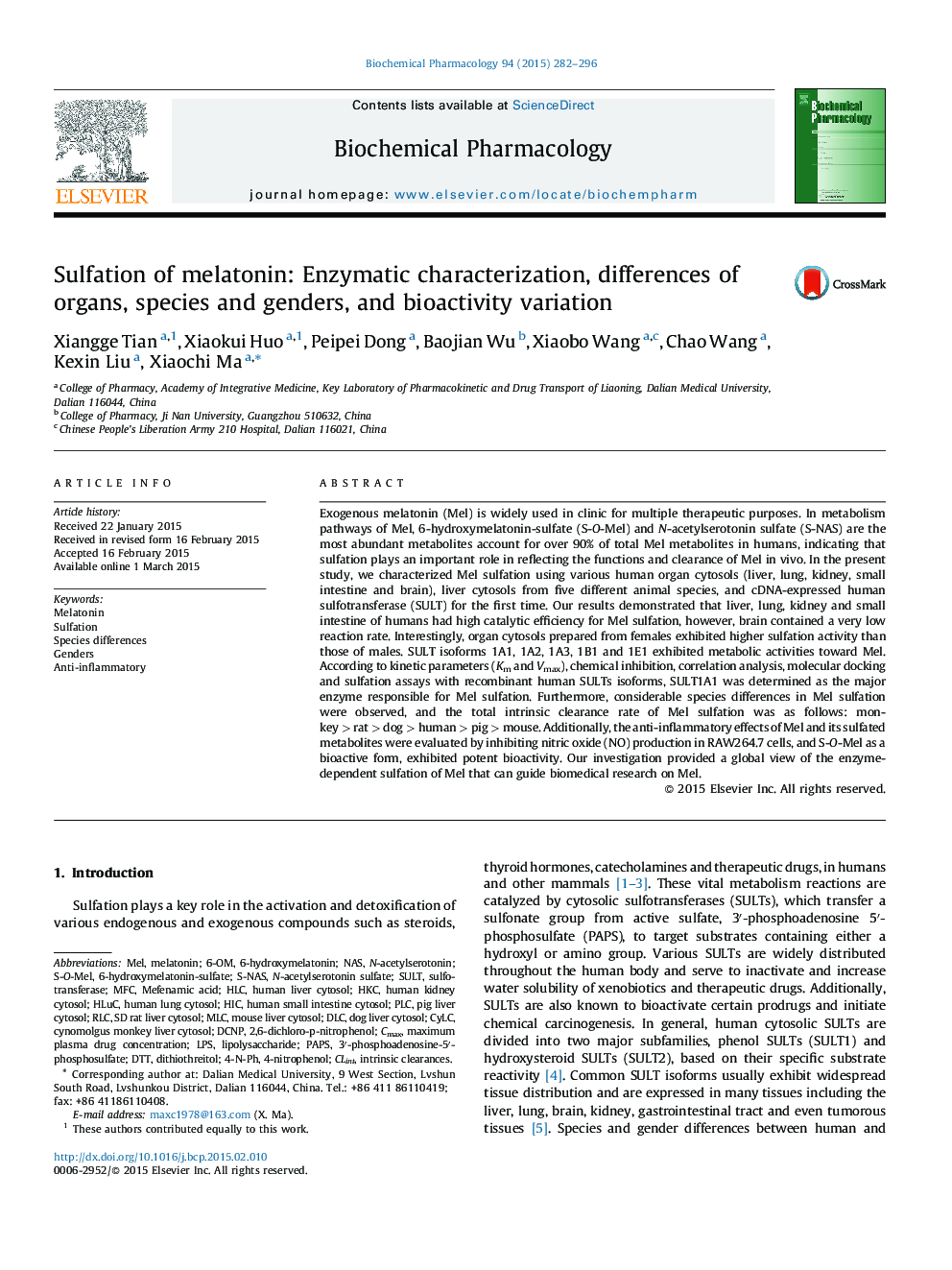 Sulfation of melatonin: Enzymatic characterization, differences of organs, species and genders, and bioactivity variation