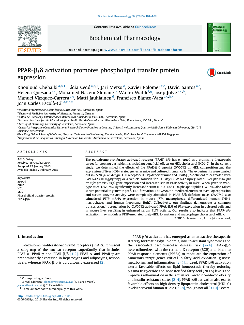 PPAR-β/δ activation promotes phospholipid transfer protein expression