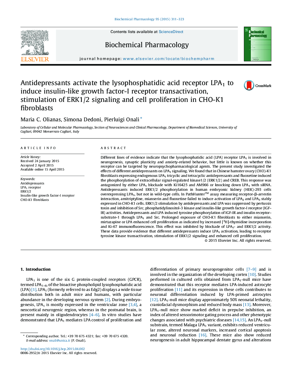 Antidepressants activate the lysophosphatidic acid receptor LPA1 to induce insulin-like growth factor-I receptor transactivation, stimulation of ERK1/2 signaling and cell proliferation in CHO-K1 fibroblasts