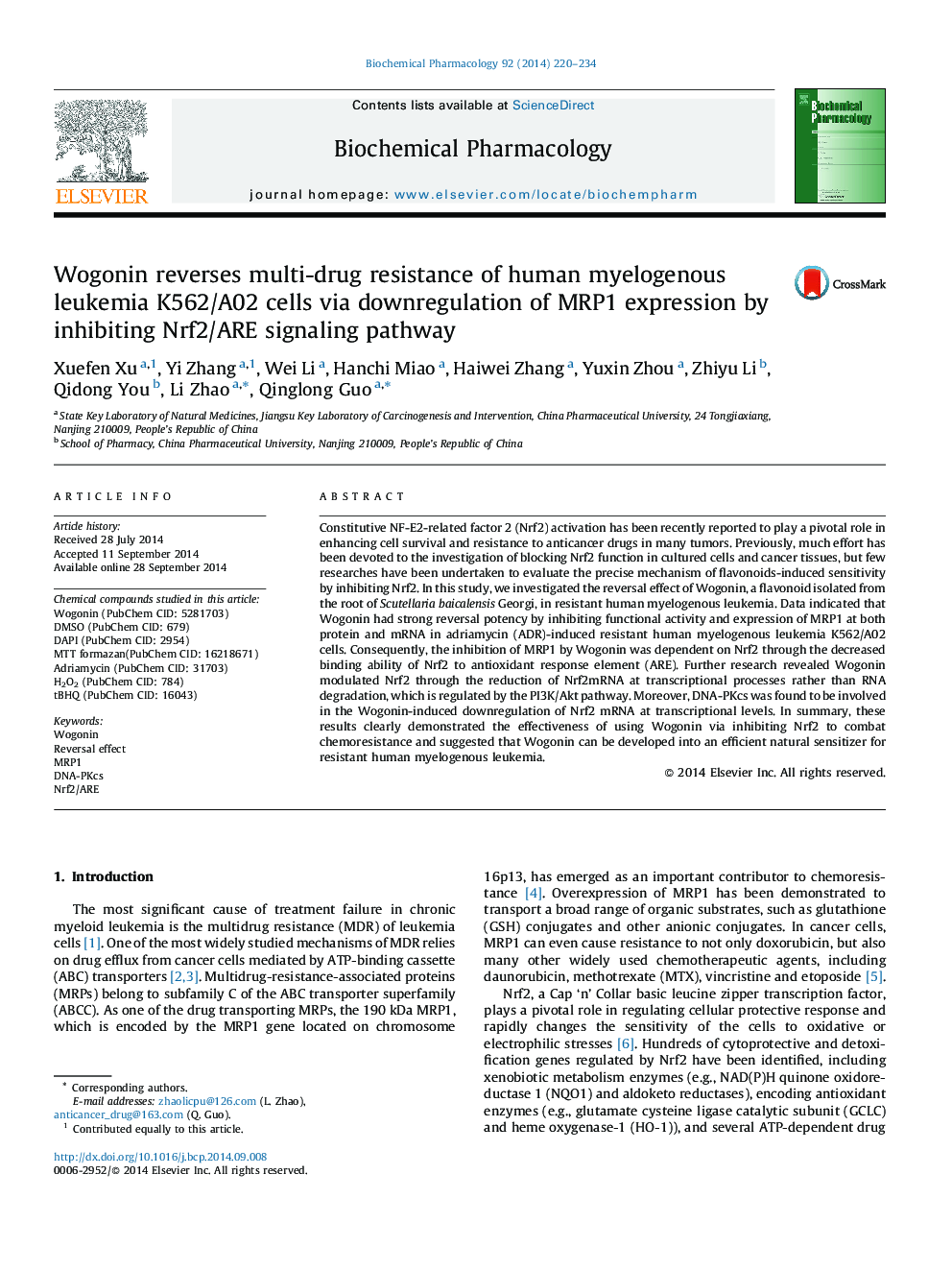 Wogonin reverses multi-drug resistance of human myelogenous leukemia K562/A02 cells via downregulation of MRP1 expression by inhibiting Nrf2/ARE signaling pathway