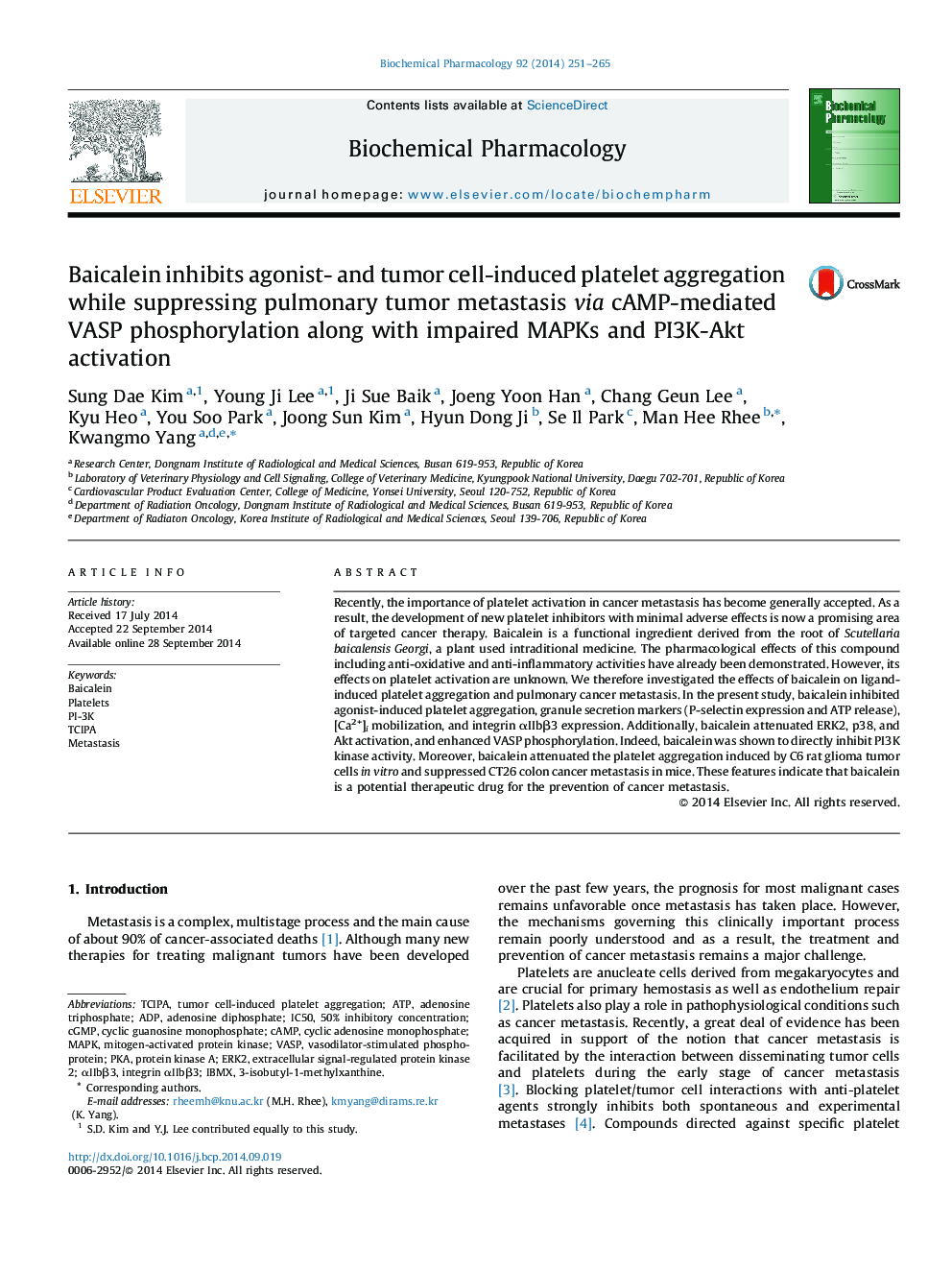 Baicalein inhibits agonist- and tumor cell-induced platelet aggregation while suppressing pulmonary tumor metastasis via cAMP-mediated VASP phosphorylation along with impaired MAPKs and PI3K-Akt activation