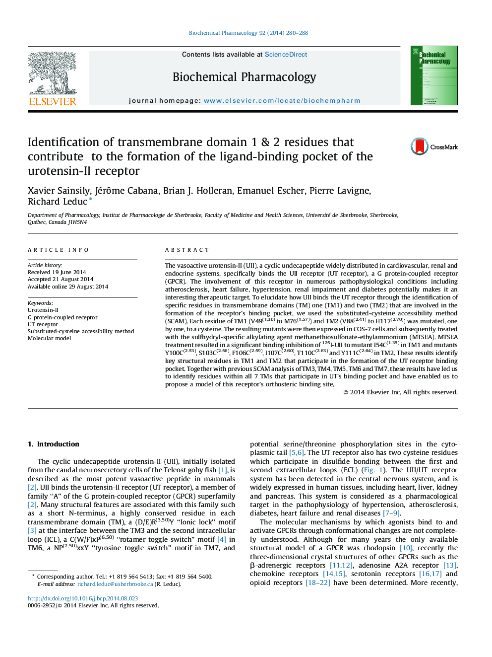 Identification of transmembrane domain 1 & 2 residues that contribute to the formation of the ligand-binding pocket of the urotensin-II receptor