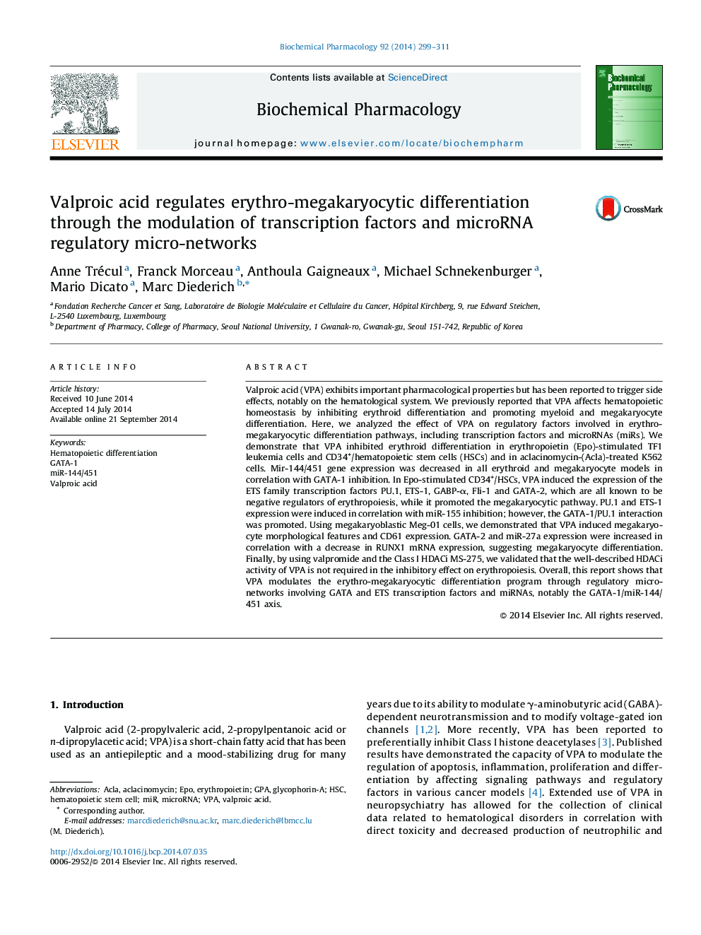 Valproic acid regulates erythro-megakaryocytic differentiation through the modulation of transcription factors and microRNA regulatory micro-networks