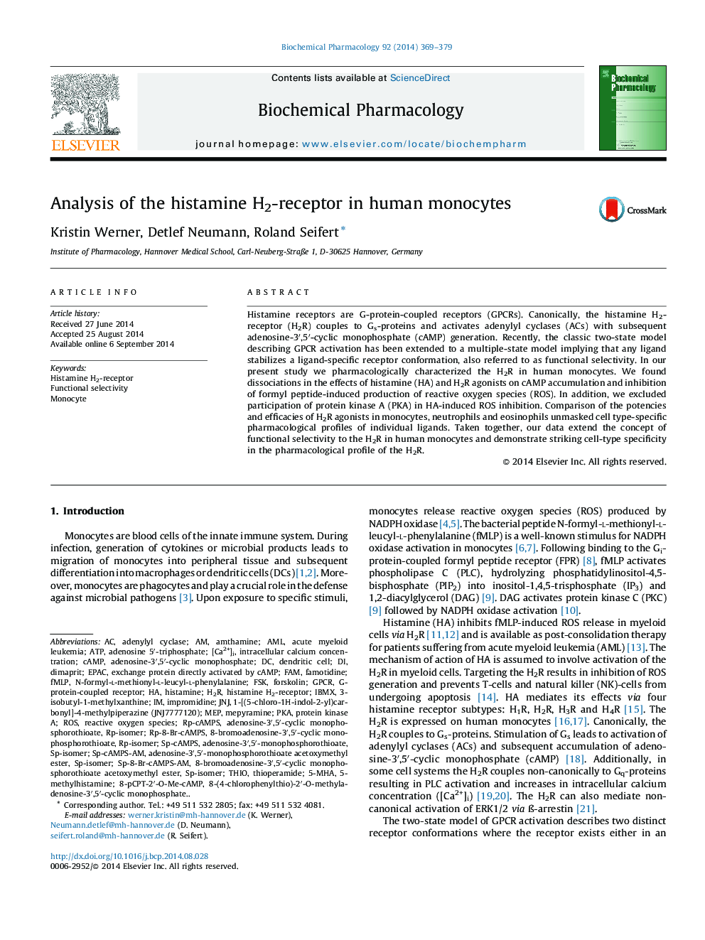 Analysis of the histamine H2-receptor in human monocytes