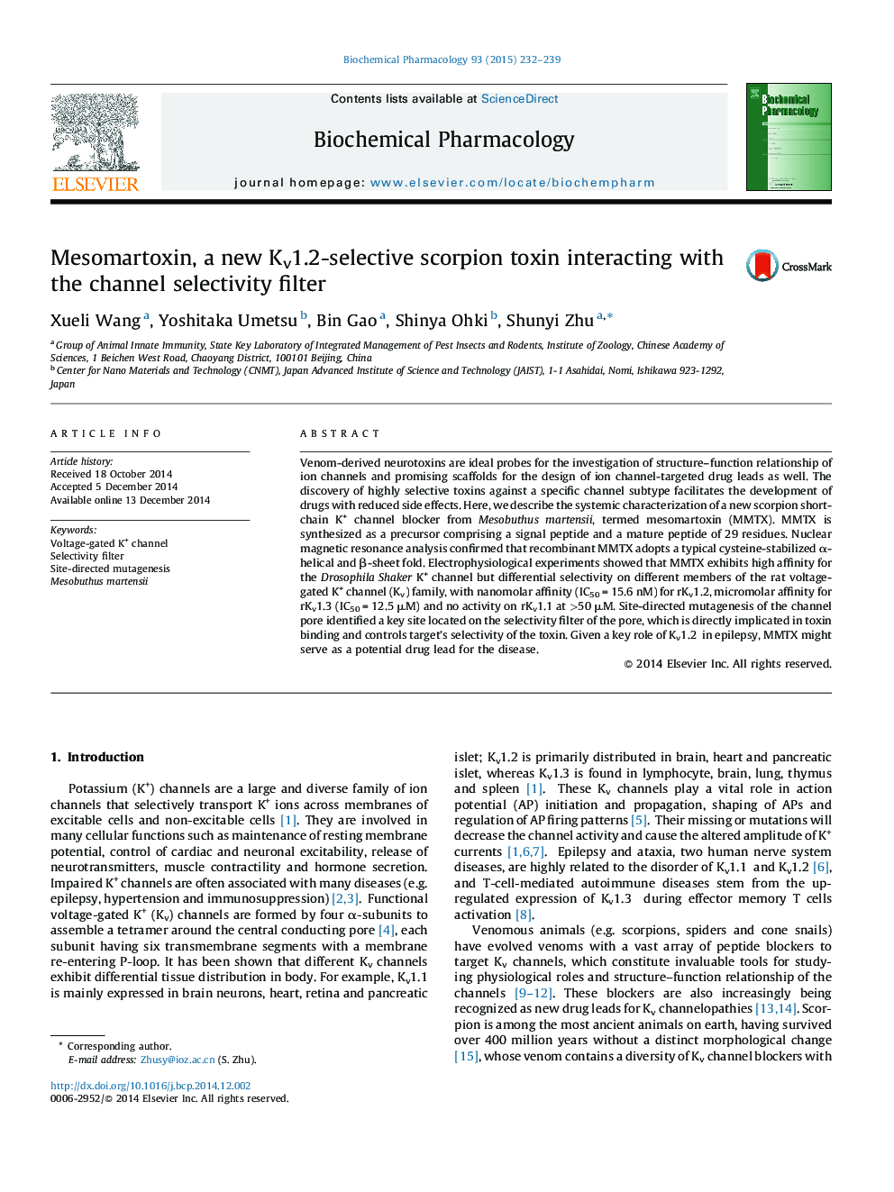 Mesomartoxin, a new Kv1.2-selective scorpion toxin interacting with the channel selectivity filter