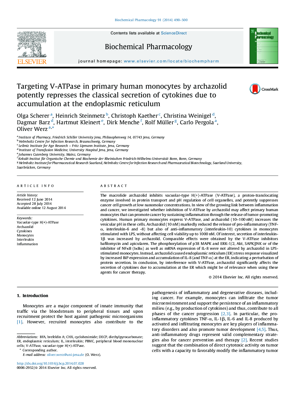 Targeting V-ATPase in primary human monocytes by archazolid potently represses the classical secretion of cytokines due to accumulation at the endoplasmic reticulum