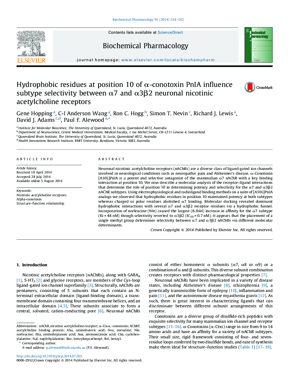 Hydrophobic residues at position 10 of α-conotoxin PnIA influence subtype selectivity between α7 and α3β2 neuronal nicotinic acetylcholine receptors