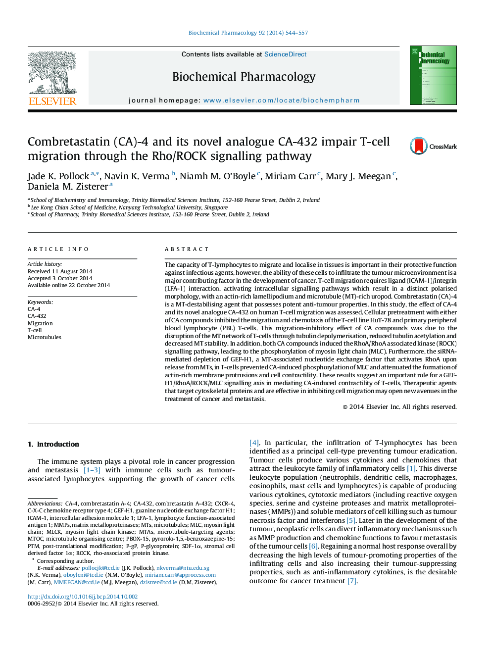 Combretastatin (CA)-4 and its novel analogue CA-432 impair T-cell migration through the Rho/ROCK signalling pathway