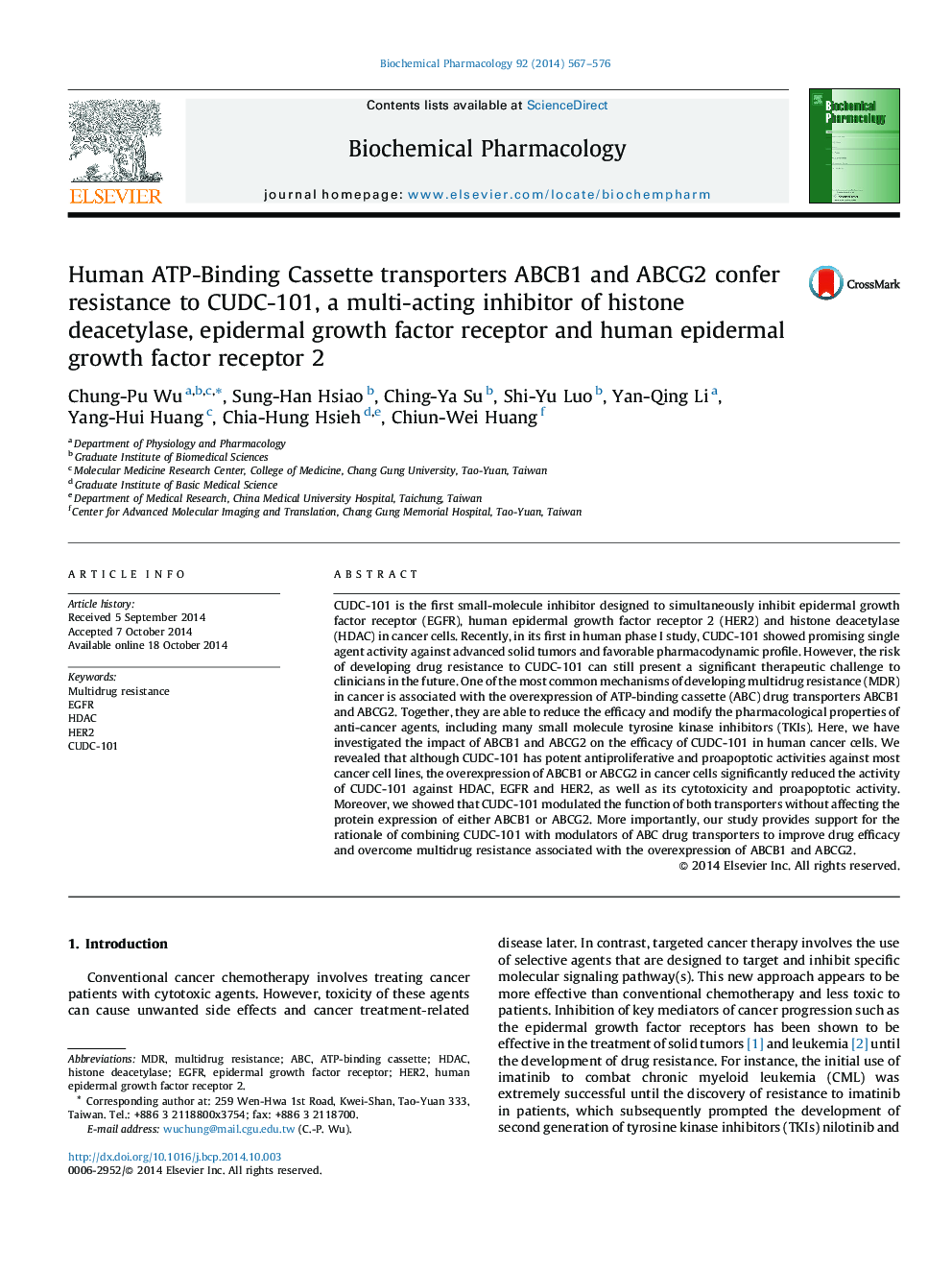 Human ATP-Binding Cassette transporters ABCB1 and ABCG2 confer resistance to CUDC-101, a multi-acting inhibitor of histone deacetylase, epidermal growth factor receptor and human epidermal growth factor receptor 2