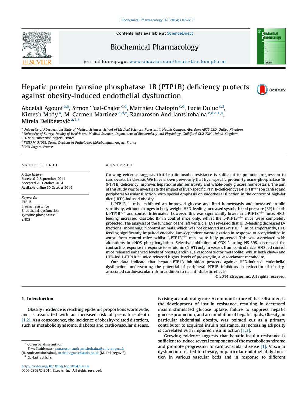 Hepatic protein tyrosine phosphatase 1B (PTP1B) deficiency protects against obesity-induced endothelial dysfunction