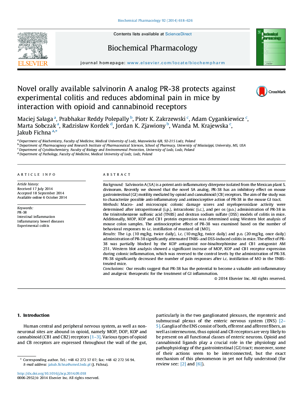 Novel orally available salvinorin A analog PR-38 protects against experimental colitis and reduces abdominal pain in mice by interaction with opioid and cannabinoid receptors