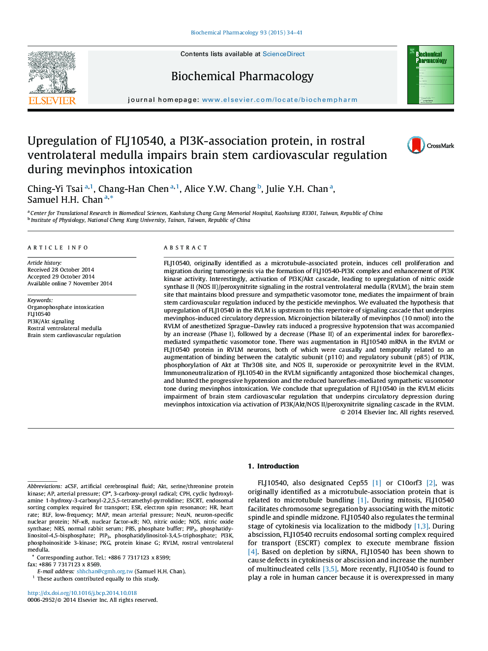 Upregulation of FLJ10540, a PI3K-association protein, in rostral ventrolateral medulla impairs brain stem cardiovascular regulation during mevinphos intoxication