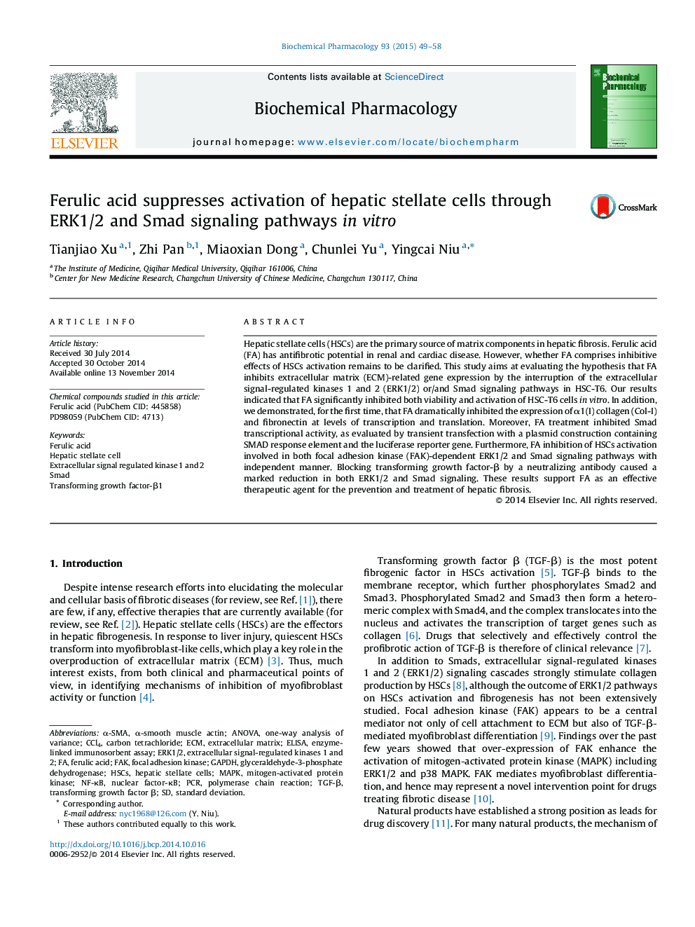 Ferulic acid suppresses activation of hepatic stellate cells through ERK1/2 and Smad signaling pathways in vitro