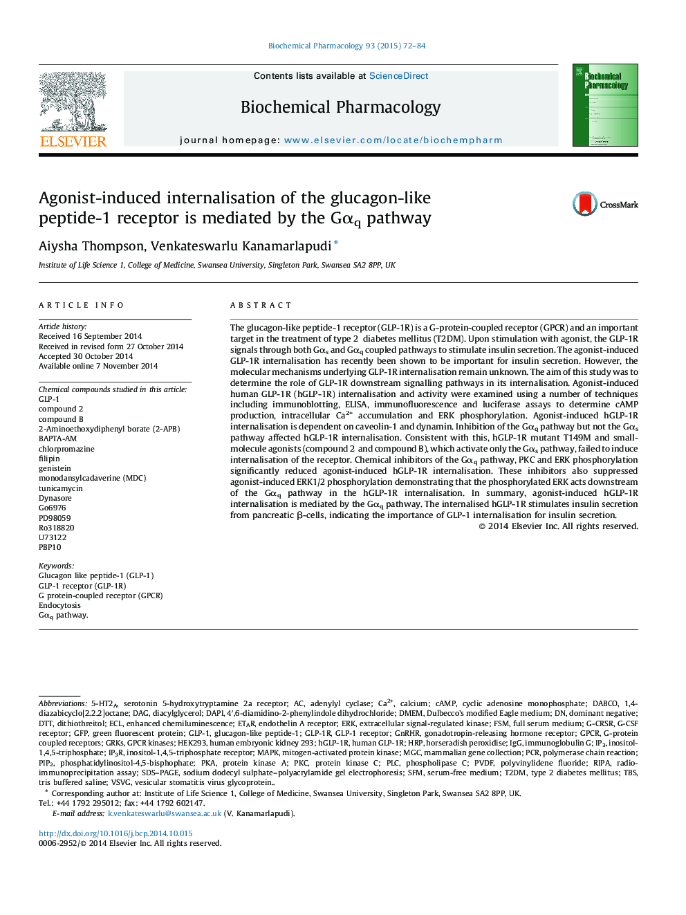 Agonist-induced internalisation of the glucagon-like peptide-1 receptor is mediated by the Gαq pathway