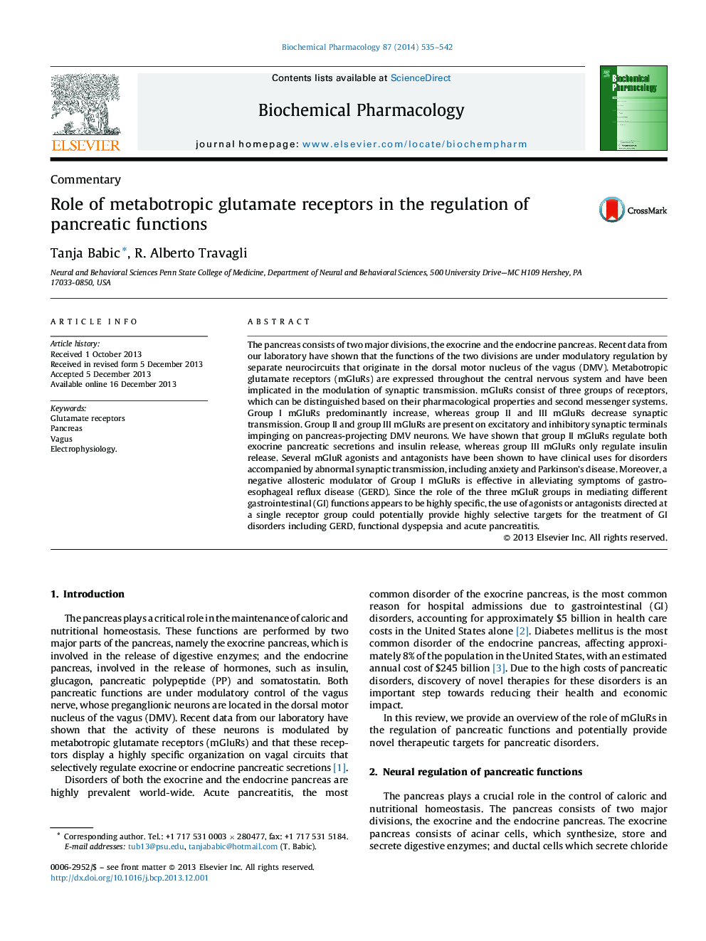 Role of metabotropic glutamate receptors in the regulation of pancreatic functions