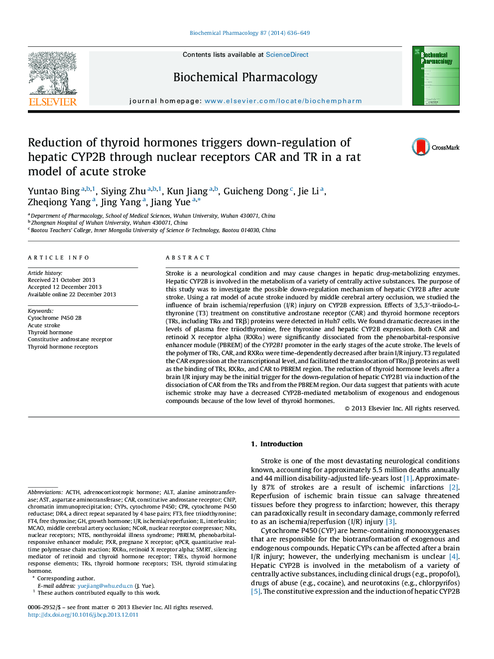 Reduction of thyroid hormones triggers down-regulation of hepatic CYP2B through nuclear receptors CAR and TR in a rat model of acute stroke