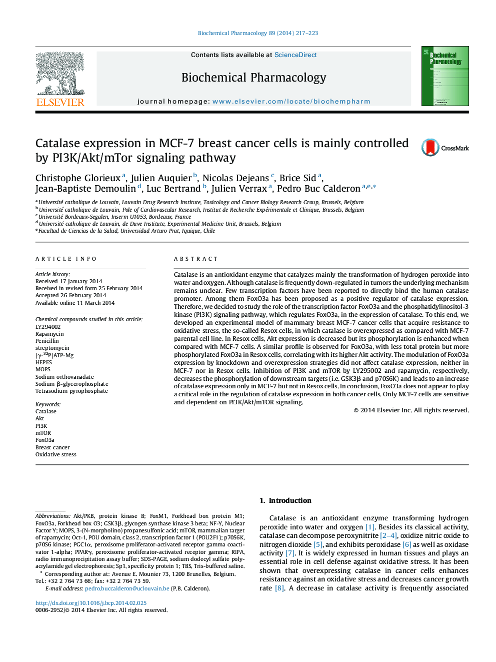 Catalase expression in MCF-7 breast cancer cells is mainly controlled by PI3K/Akt/mTor signaling pathway