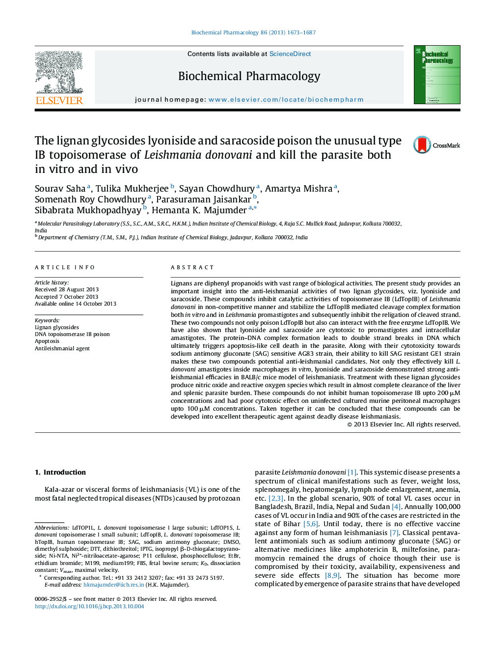 The lignan glycosides lyoniside and saracoside poison the unusual type IB topoisomerase of Leishmania donovani and kill the parasite both in vitro and in vivo