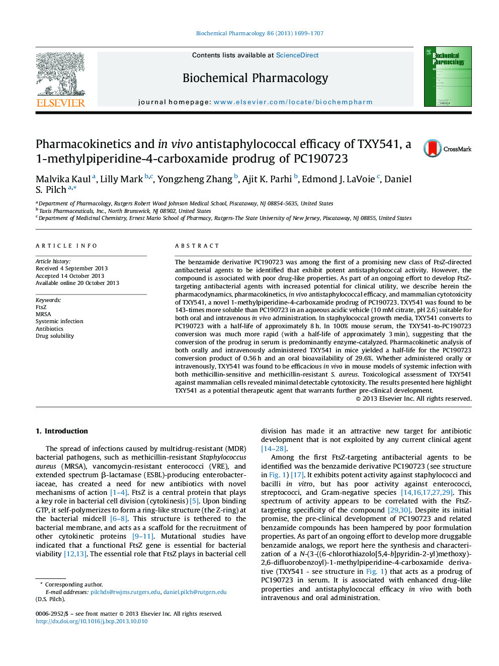 Pharmacokinetics and in vivo antistaphylococcal efficacy of TXY541, a 1-methylpiperidine-4-carboxamide prodrug of PC190723