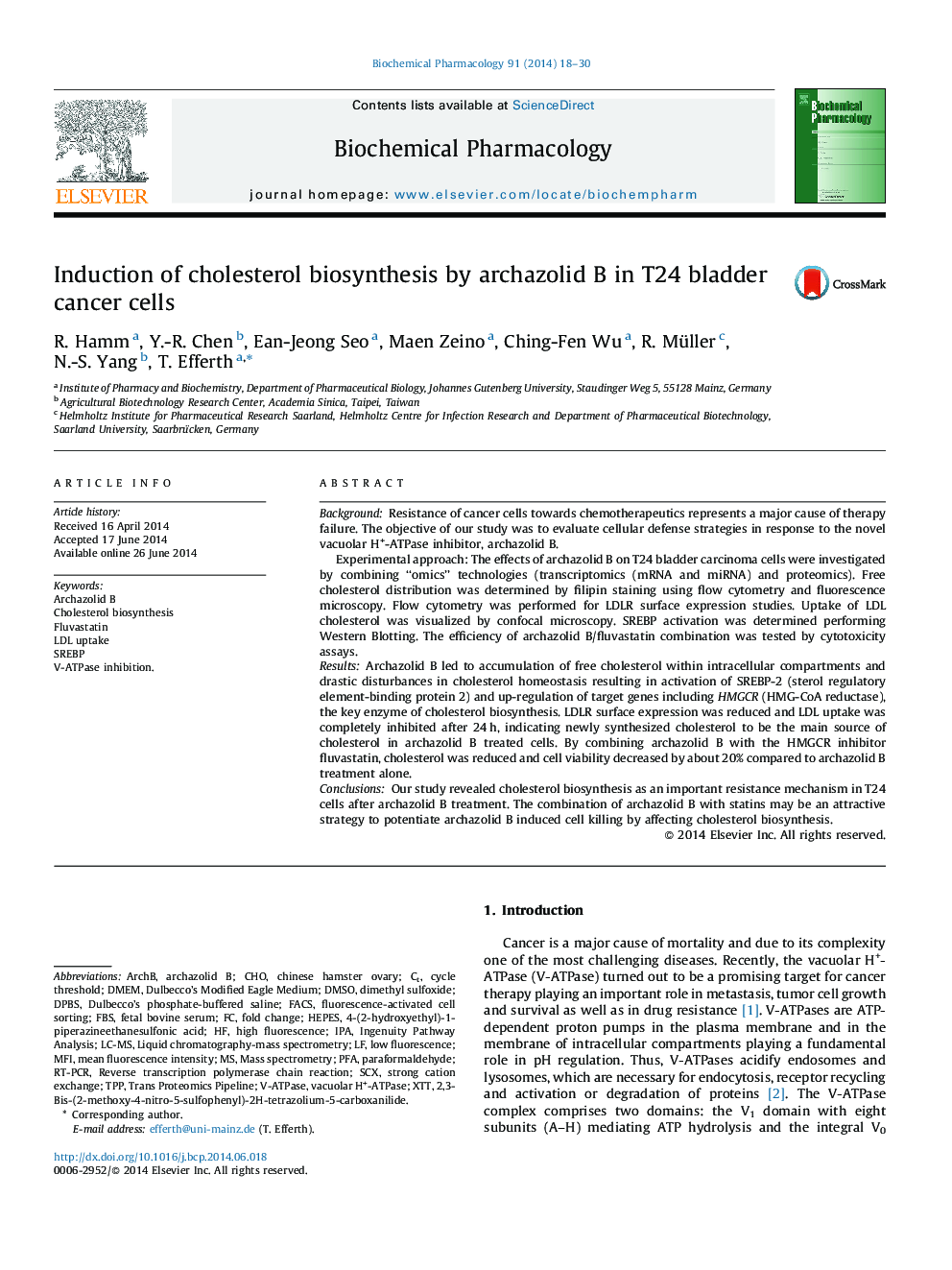 Induction of cholesterol biosynthesis by archazolid B in T24 bladder cancer cells