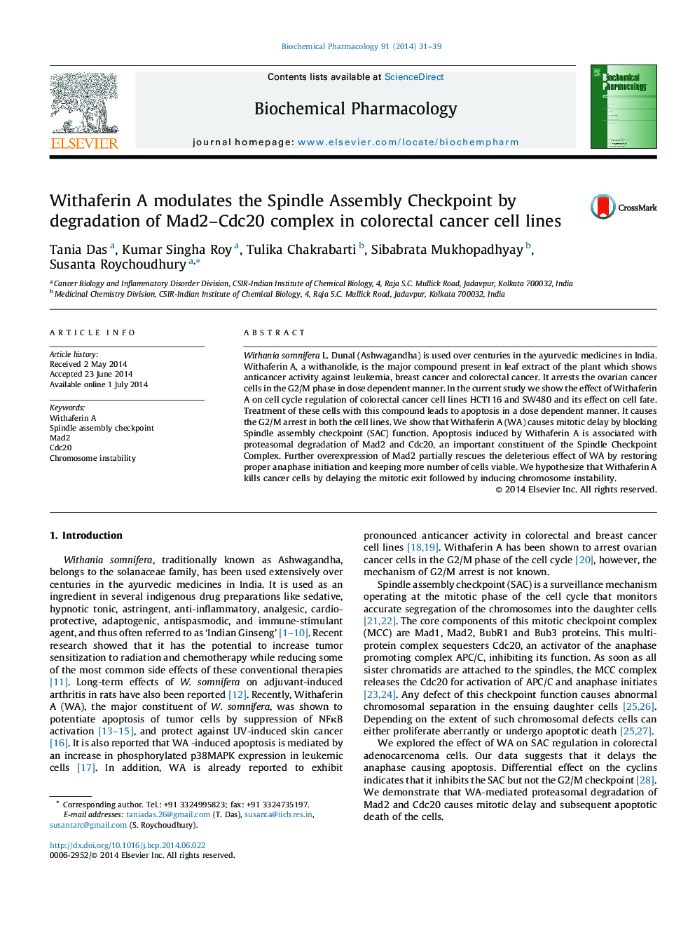 Withaferin A modulates the Spindle Assembly Checkpoint by degradation of Mad2–Cdc20 complex in colorectal cancer cell lines