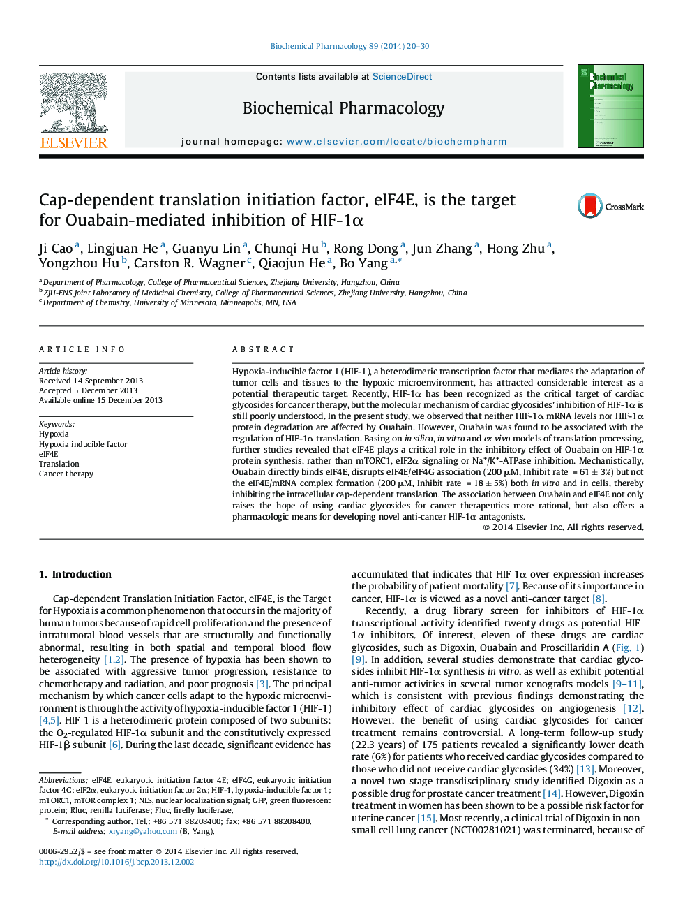 Cap-dependent translation initiation factor, eIF4E, is the target for Ouabain-mediated inhibition of HIF-1α