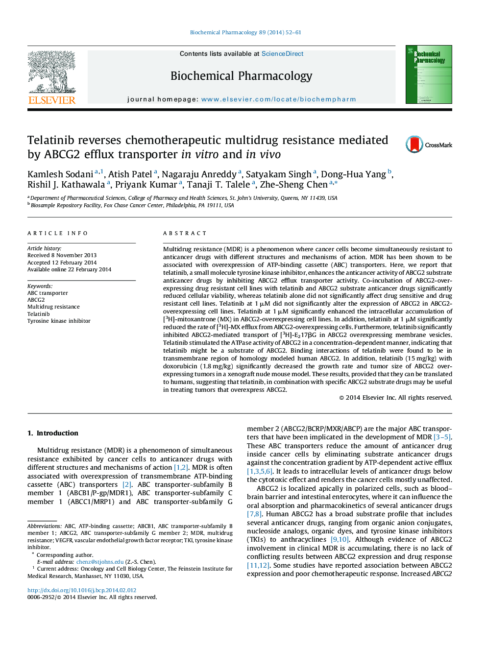 Telatinib reverses chemotherapeutic multidrug resistance mediated by ABCG2 efflux transporter in vitro and in vivo