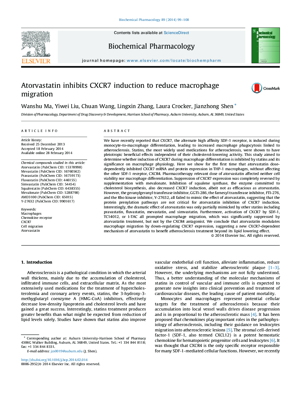 Atorvastatin inhibits CXCR7 induction to reduce macrophage migration