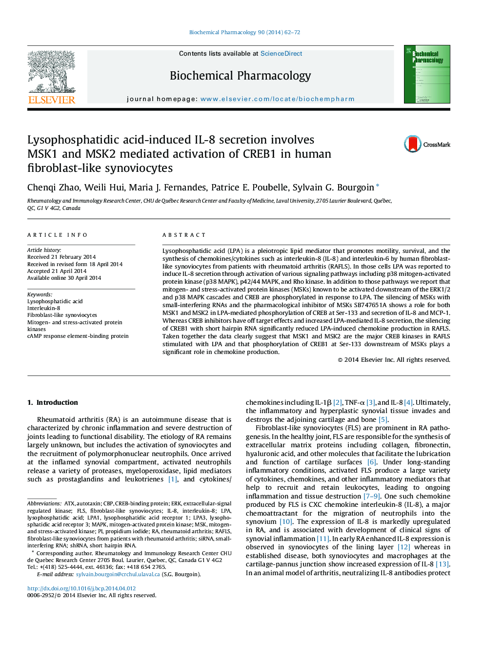 Lysophosphatidic acid-induced IL-8 secretion involves MSK1 and MSK2 mediated activation of CREB1 in human fibroblast-like synoviocytes