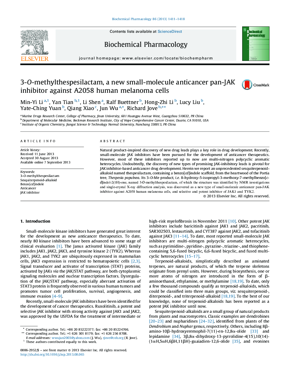 3-O-methylthespesilactam, a new small-molecule anticancer pan-JAK inhibitor against A2058 human melanoma cells