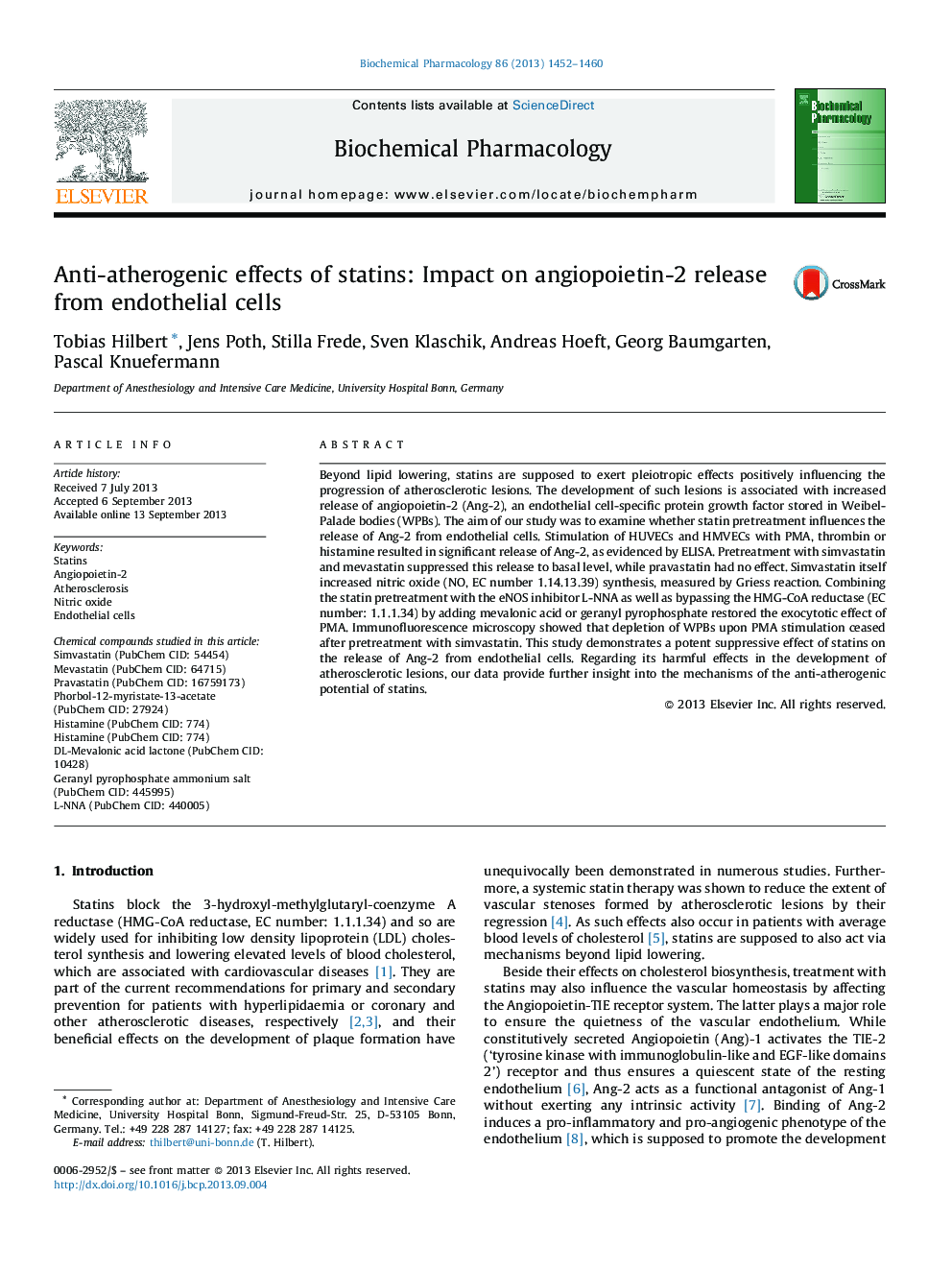 Anti-atherogenic effects of statins: Impact on angiopoietin-2 release from endothelial cells