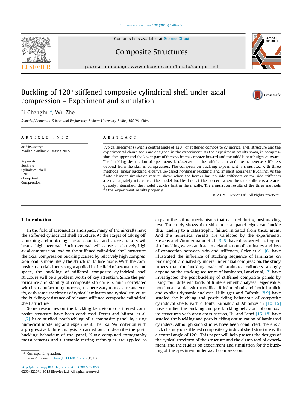 عکس صفحه اول مقاله: Buckling of 120° stiffened composite cylindrical shell under axial compression – Experiment and simulation Buckling of 120° stiffened composite cylindrical shell under axial compression – Experiment and simulation