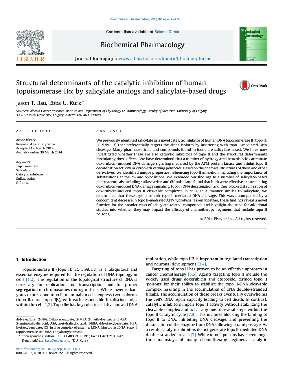 Structural determinants of the catalytic inhibition of human topoisomerase IIα by salicylate analogs and salicylate-based drugs