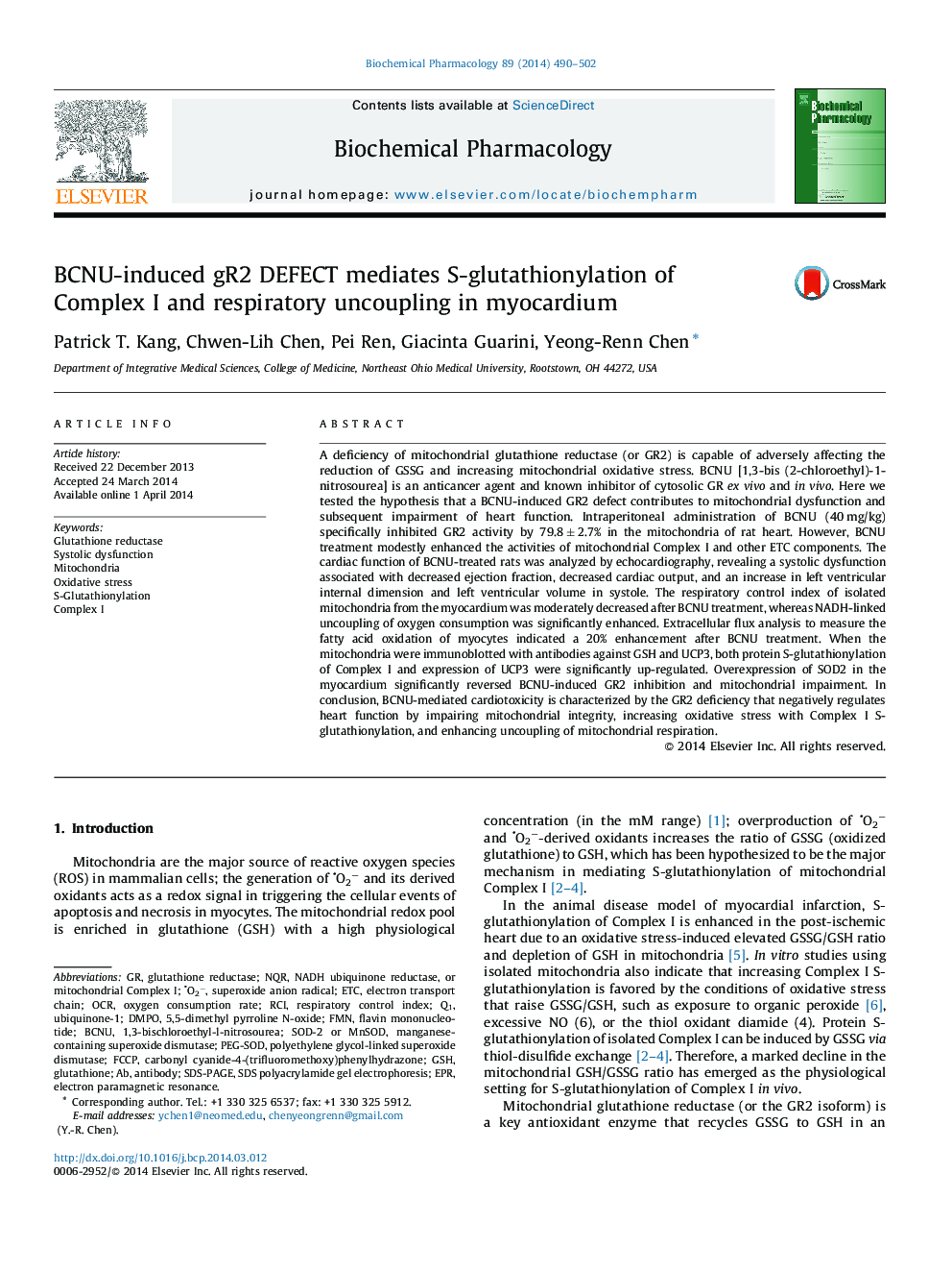 BCNU-induced gR2 DEFECT mediates S-glutathionylation of Complex I and respiratory uncoupling in myocardium