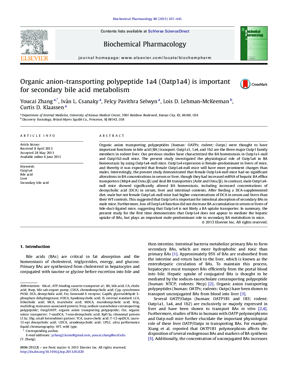 Organic anion-transporting polypeptide 1a4 (Oatp1a4) is important for secondary bile acid metabolism