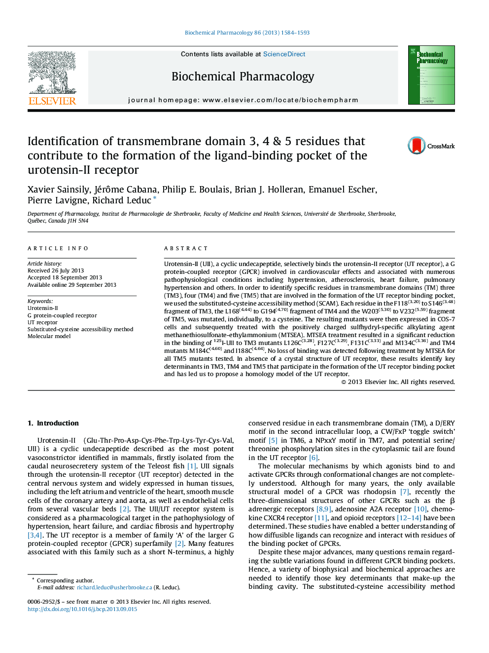 Identification of transmembrane domain 3, 4 & 5 residues that contribute to the formation of the ligand-binding pocket of the urotensin-II receptor