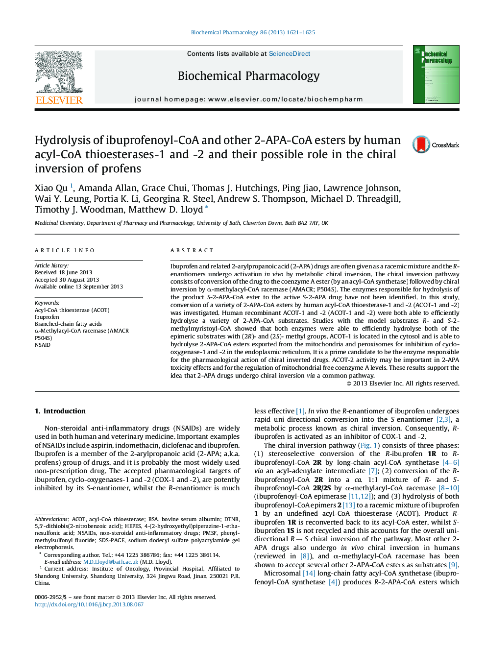 Hydrolysis of ibuprofenoyl-CoA and other 2-APA-CoA esters by human acyl-CoA thioesterases-1 and -2 and their possible role in the chiral inversion of profens