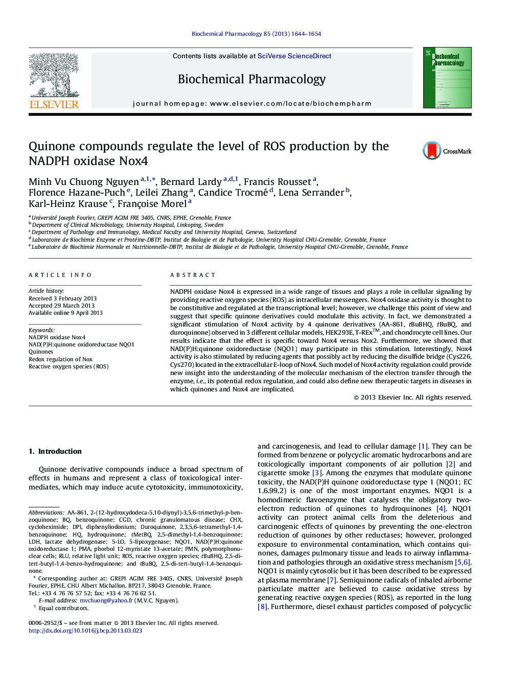 Quinone compounds regulate the level of ROS production by the NADPH oxidase Nox4