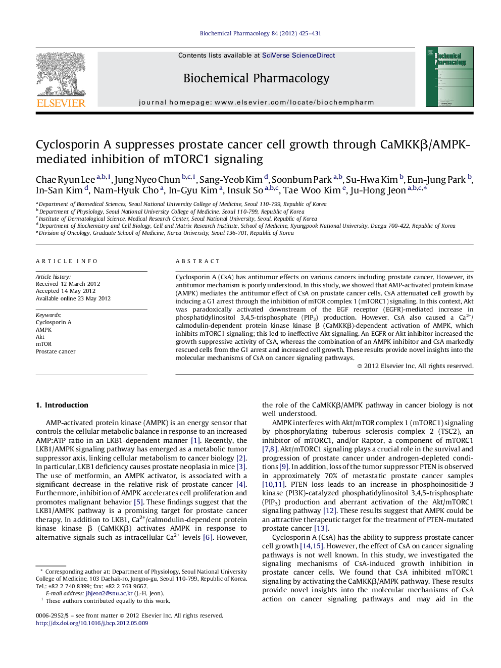 Cyclosporin A suppresses prostate cancer cell growth through CaMKKβ/AMPK-mediated inhibition of mTORC1 signaling